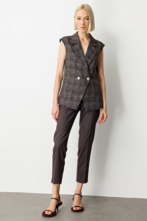 Ekol Kadın Kruvaze Yaka Ekoseli Yelek 5177 Bordo