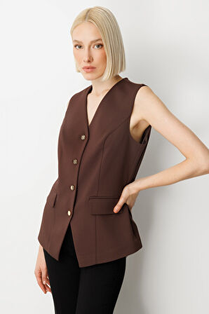 Ekol Kadın Kapak Cepli V Yaka Yelek 5037 Kahverengi