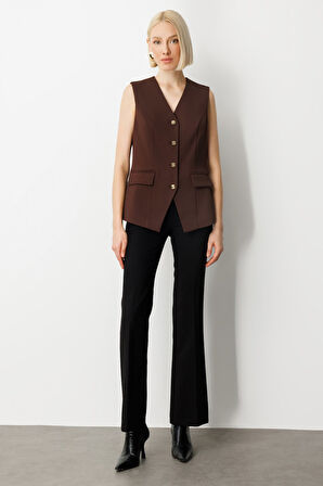 Ekol Kadın Kapak Cepli V Yaka Yelek 5037 Kahverengi