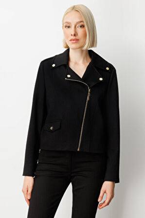 Ekol Kadın Simli Kumaş Süs Kapak Cepli Mont 8013 Siyah