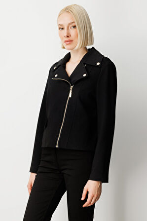 Ekol Kadın Simli Kumaş Süs Kapak Cepli Mont 8013 Siyah