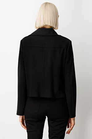 Ekol Kadın Simli Kumaş Süs Kapak Cepli Mont 8013 Siyah