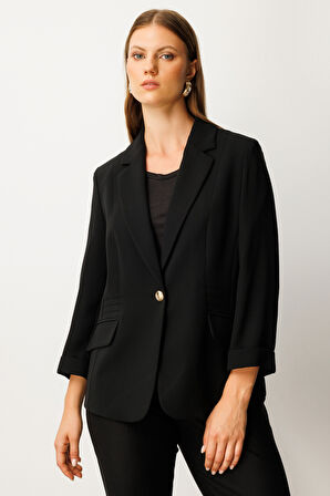 Ekol Kadın Büyük Beden Kapak Cepli Tek Düğme Ceket 5503 Siyah