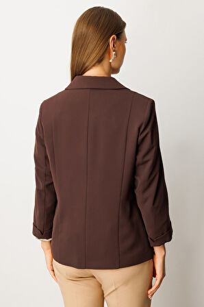 Ekol Kadın Büyük Beden Kapak Cepli Tek Düğme Ceket 5503 Kahverengi