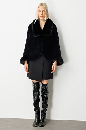 Ekol Kadın Yakası Kürklü Peluş Mont 6027 Siyah