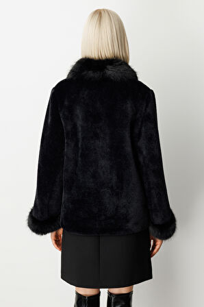 Ekol Kadın Yakası Kürklü Peluş Mont 6027 Siyah