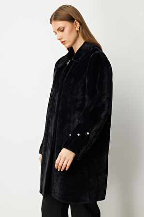 Ekol Kadın Büyük Beden Metal Broşlu Peluş Kaban 6331 Siyah