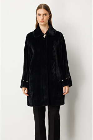 Ekol Kadın Büyük Beden Metal Broşlu Peluş Kaban 6331 Siyah