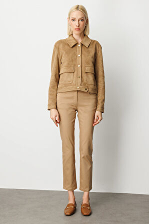 Ekol Kadın Kapak Cepli Güderi Mont 8017 Vizon