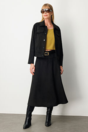 Ekol Kadın Çıtçıtlı Süet Mont 8015 Siyah