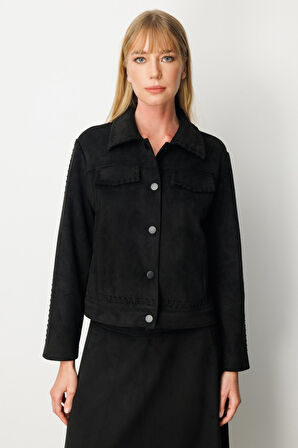 Ekol Kadın Çıtçıtlı Süet Mont 8015 Siyah