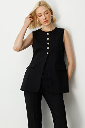 Ekol Kadın Önü Düğmeli Kapak Cepli Yelek 5007 Siyah