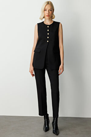 Ekol Kadın Önü Düğmeli Kapak Cepli Yelek 5007 Siyah