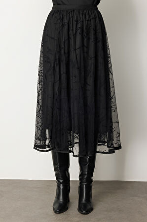 Ekol Kadın Kadife Desenli Tül Etek 2401 Siyah