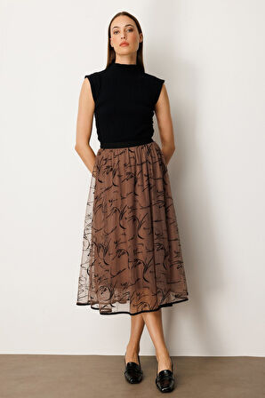 Ekol Kadın Kadife Desenli Tül Etek 2401 Kahverengi