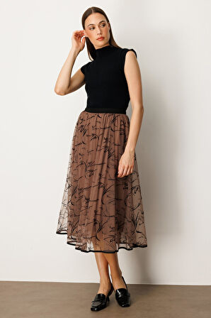 Ekol Kadın Kadife Desenli Tül Etek 2401 Kahverengi