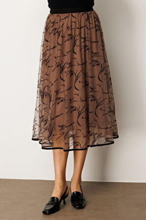 Ekol Kadın Kadife Desenli Tül Etek 2401 Kahverengi