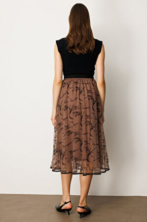 Ekol Kadın Kadife Desenli Tül Etek 2401 Kahverengi