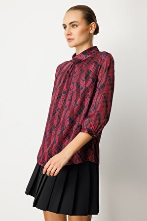 Ekol Kadın Göğsü Pencere Detaylı Desenli Bluz 3053 Bordo