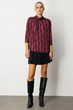 Ekol Kadın Göğsü Pencere Detaylı Desenli Bluz 3053 Bordo