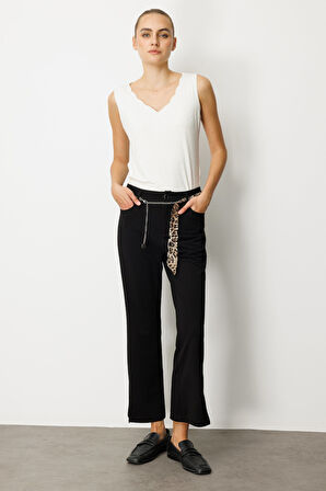 Ekol Kadın Paçası Yırtmaçlı Zincir Kemerli Pantolon 1901 Siyah