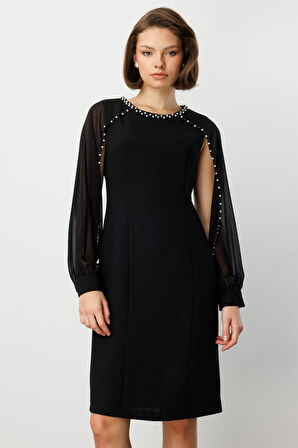 Ekol Kadın Boncuk Detaylı Kolları Tül Midi Elbise 4011 Siyah
