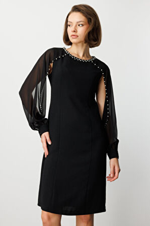 Ekol Kadın Boncuk Detaylı Kolları Tül Midi Elbise 4011 Siyah