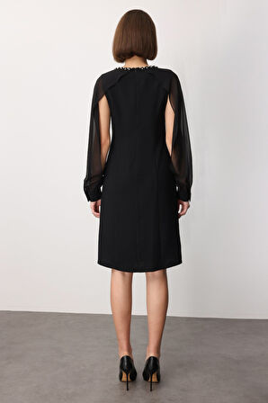 Ekol Kadın Boncuk Detaylı Kolları Tül Midi Elbise 4011 Siyah