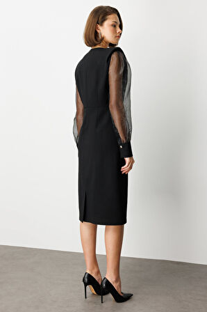 Ekol Kadın Kolları Taşlı V Yaka Midi Elbise 4025 Siyah