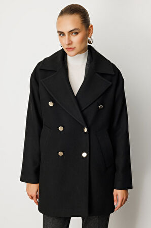 Ekol Kadın Kruvaze Yaka Yan Cepli Kaban 6093 Siyah