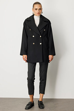 Ekol Kadın Kruvaze Yaka Yan Cepli Kaban 6093 Siyah