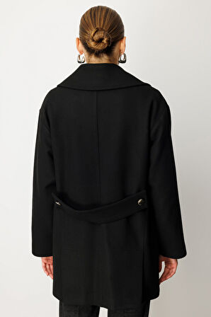 Ekol Kadın Kruvaze Yaka Yan Cepli Kaban 6093 Siyah