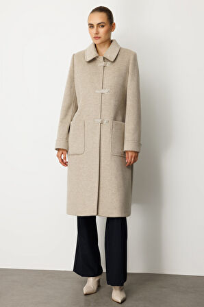 Ekol Kadın Deri Çıtçıtlı Torba Cepli Kaban 6075 Vizon