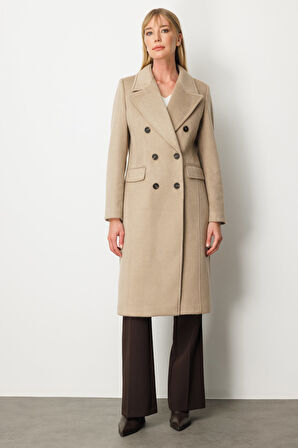 Ekol Kadın Kruvaze Yaka Kapak Cepli Kaban 6069 Kum