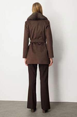 Ekol Kadın Yakası Kürklü Beli Kuşaklı Kaban 6079 Kahverengi