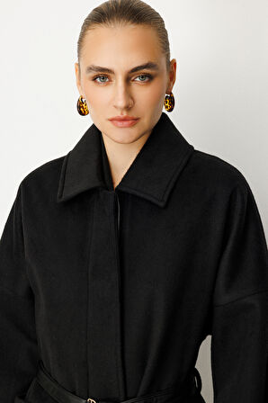 Ekol Kadın Deri Kemerli Torba Cepli Kaban 6045 Siyah