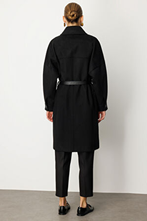 Ekol Kadın Deri Kemerli Torba Cepli Kaban 6045 Siyah