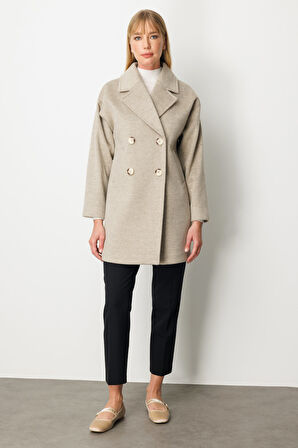 Ekol Kadın Kruvaze Yaka Kaşe Kaban 6049 Vizon