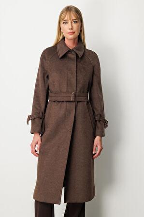 Ekol Kadın Kolu ve Beli Kemerli Kaşe Kaban 6057 Kahverengi