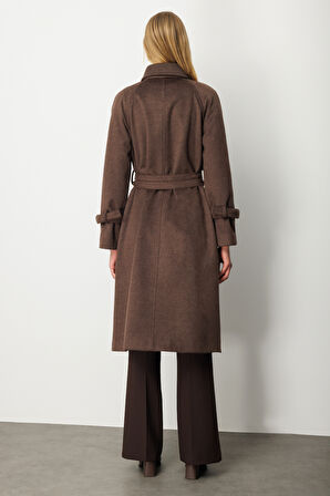 Ekol Kadın Kolu ve Beli Kemerli Kaşe Kaban 6057 Kahverengi