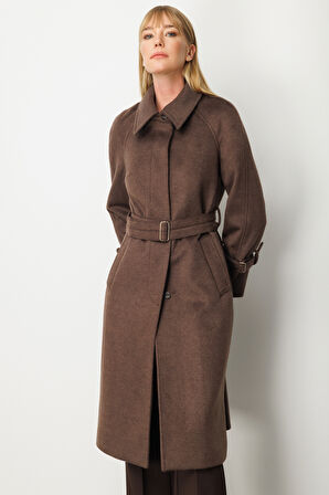 Ekol Kadın Kolu ve Beli Kemerli Kaşe Kaban 6057 Kahverengi