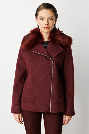 Ekol Kadın Yakası Kürklü Kruvaze Mont 6085 Bordo