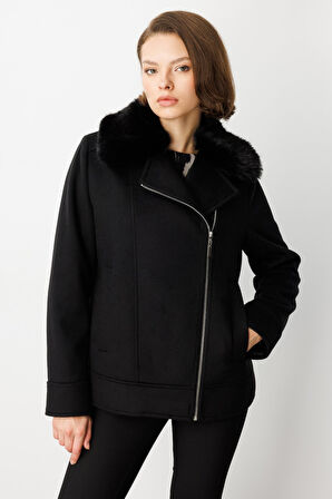 Ekol Kadın Yakası Kürklü Kruvaze Mont 6085 Siyah