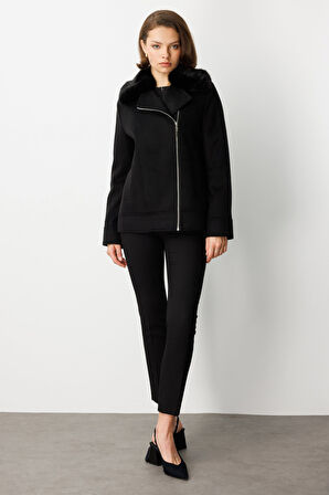 Ekol Kadın Yakası Kürklü Kruvaze Mont 6085 Siyah