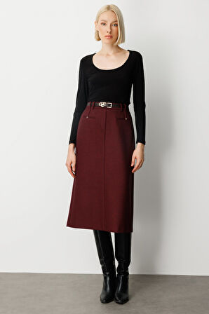 Ekol Kadın Beli Kemerli Yırtmaçlı Midi Etek 2009 Bordo