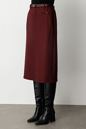 Ekol Kadın Beli Kemerli Yırtmaçlı Midi Etek 2009 Bordo