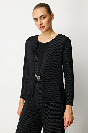 Ekol Kadın Kelebek Düğmeli Akordiyon Kumaş Hırka 5901 Siyah