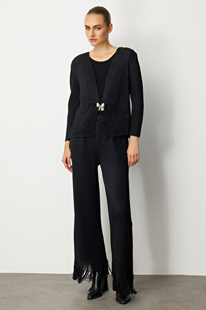 Ekol Kadın Kelebek Düğmeli Akordiyon Kumaş Hırka 5901 Siyah