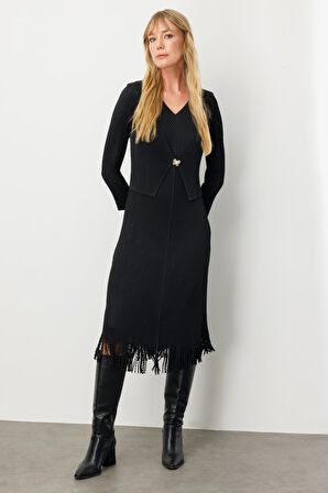 Ekol Kadın Kelebek Broşlu Püsküllü Elbise 4919 Siyah