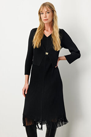 Ekol Kadın Kelebek Broşlu Püsküllü Elbise 4919 Siyah